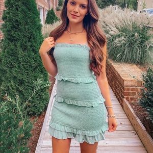 Small, green Vici mini ruffled dress.